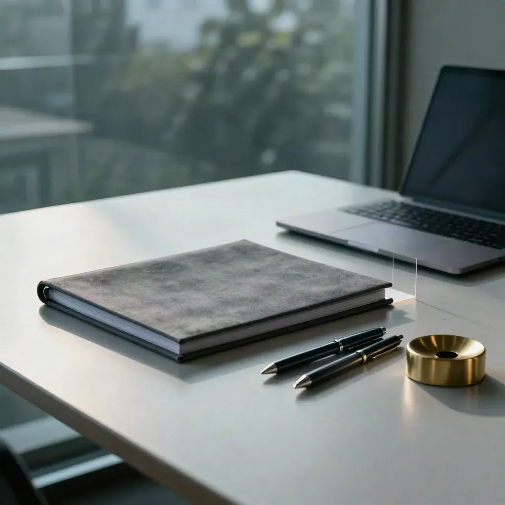 Overhead glass meeting nook with binder, closed laptop, tabs, pens and brass paperweight.