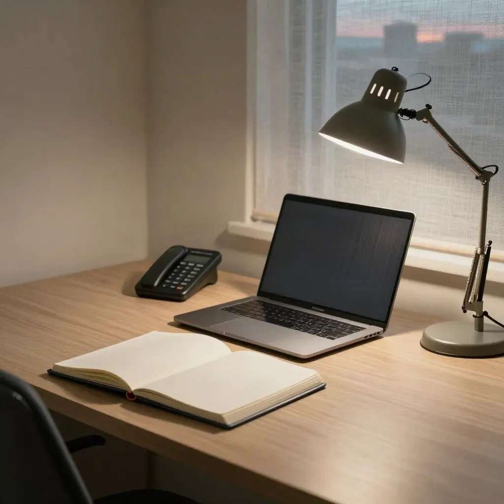 Advisor desk reset at dusk with notebook, closed laptop, phone, lamp and pulled-back chair.