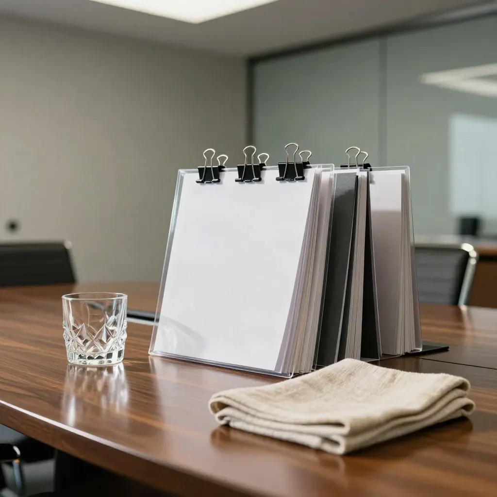 Boardroom diligence still life with divider sleeves, binder clips, paperweight and linen cloth.