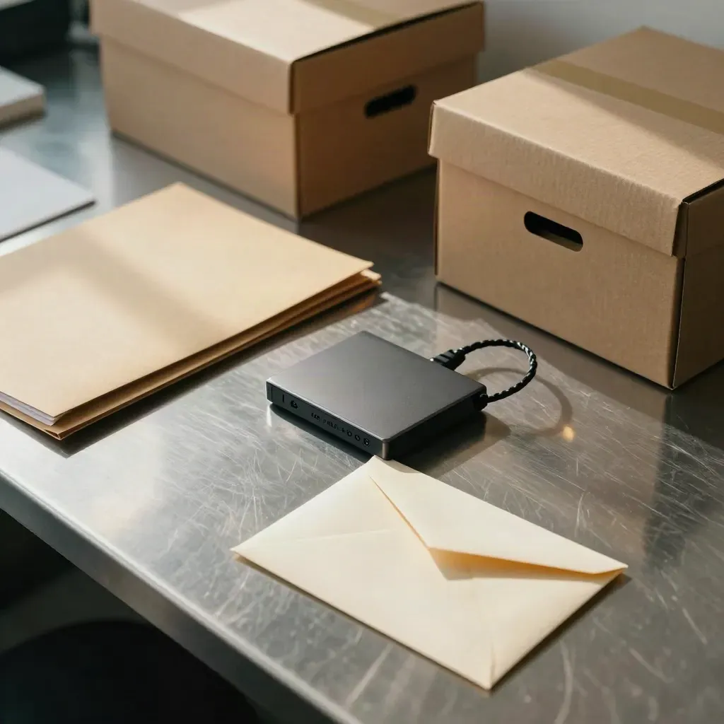 High overhead view of archive boxes, folders, backup drive, and a sealed envelope on a steel table.