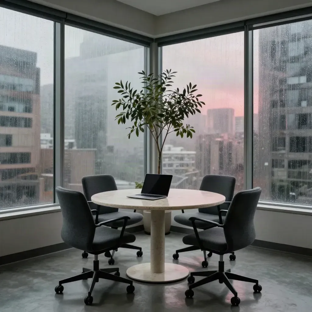 Rainy Toronto coworking corner with empty chairs, closed laptop, and tall plant in dramatic light.