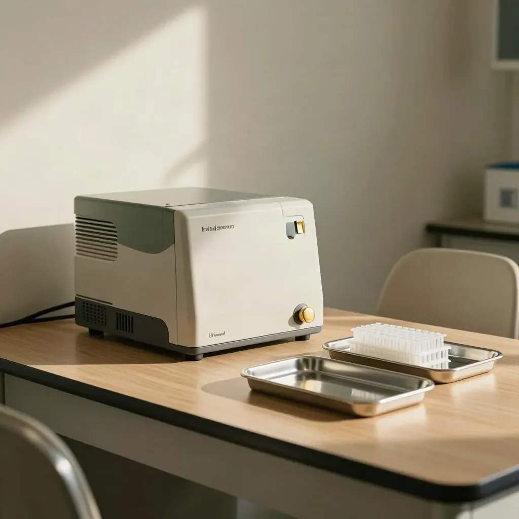 Lab table with a compact health tech device, trays, and a pale chair in warm winter light.