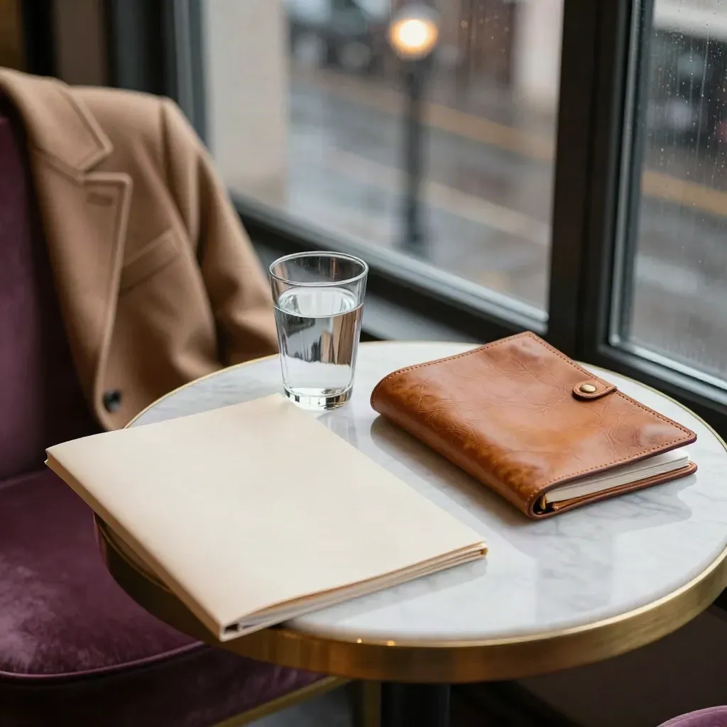 Rainy hotel lobby table with funding prep materials: folder, water, leather portfolio and coat.