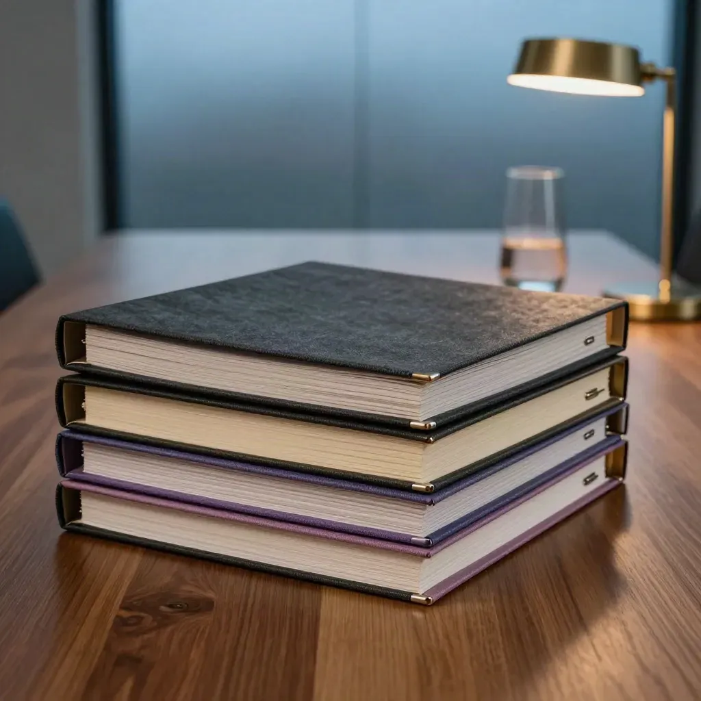 Face-down board binders, carafe and lamp on a conference table at blue hour.