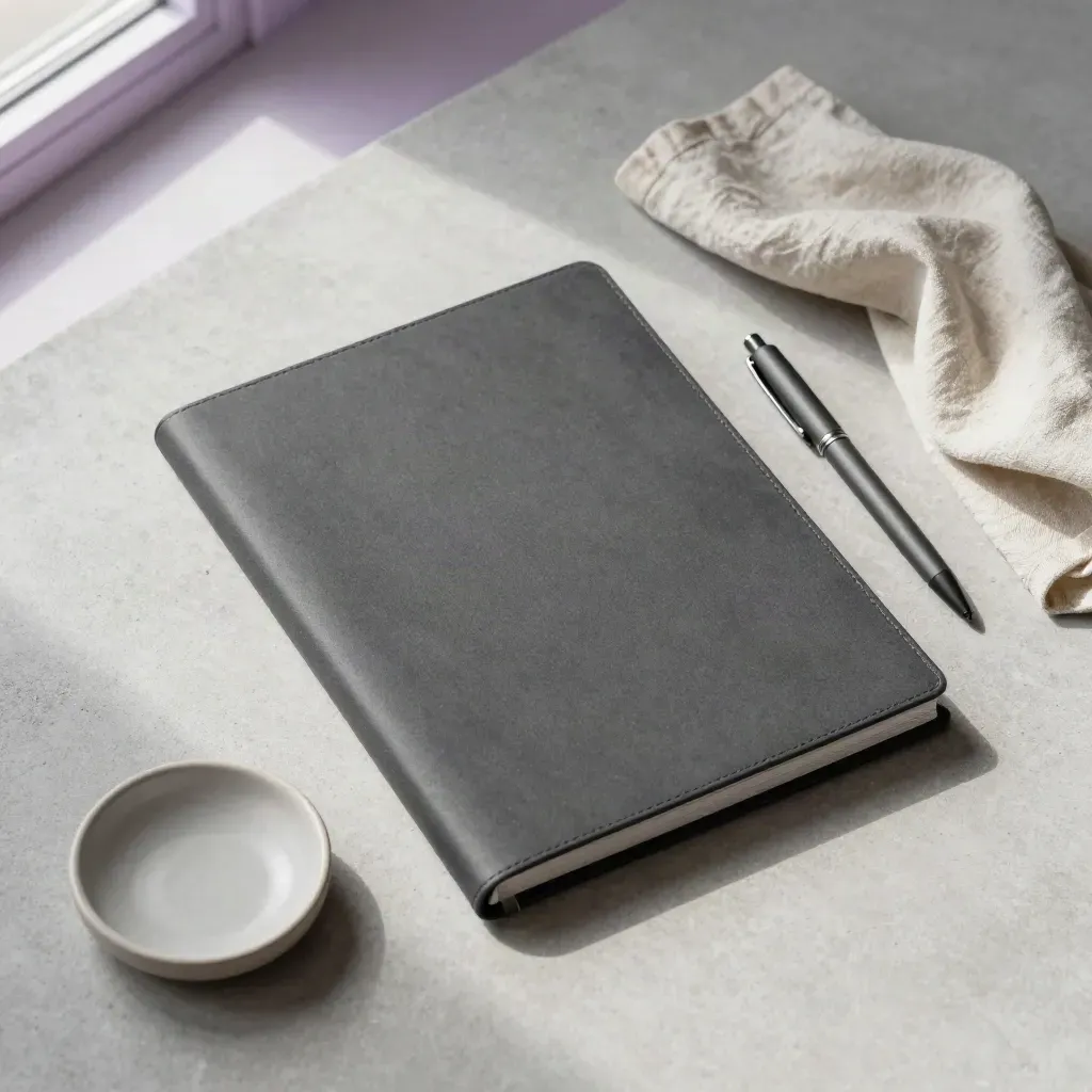Charcoal presentation binder with pen, linen cloth, and ceramic dish on concrete, top-down.