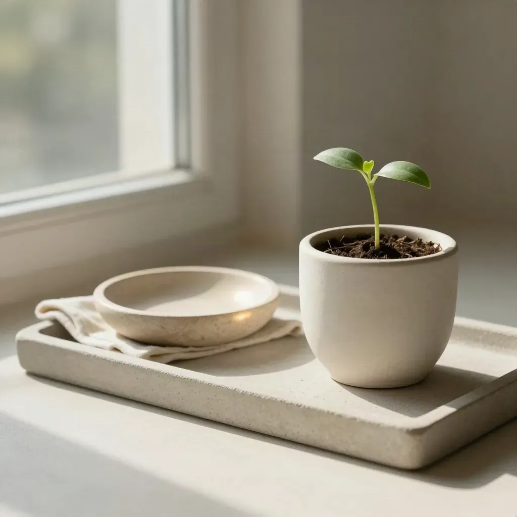 Tiny seedling in a white pot with ivory cloth and stone dish on a neutral tray, top-down.
