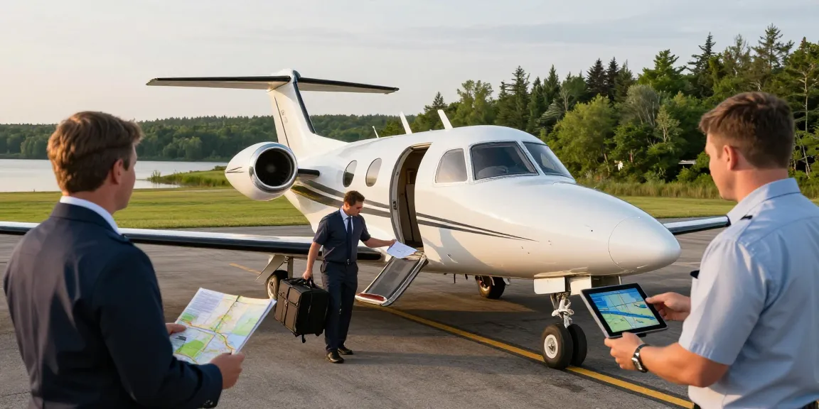 Business traveler arriving on northern flights in Ontario at a scenic remote airstrip, showcasing rapid logistics and personal service.